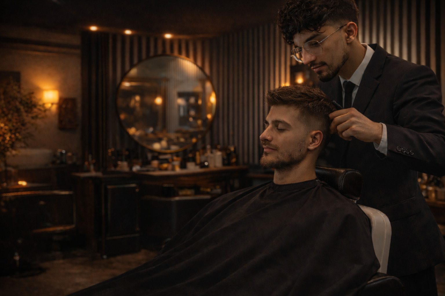 Professional hairstylist performing a precision men's haircut at a luxury hair studio in Bergamo.